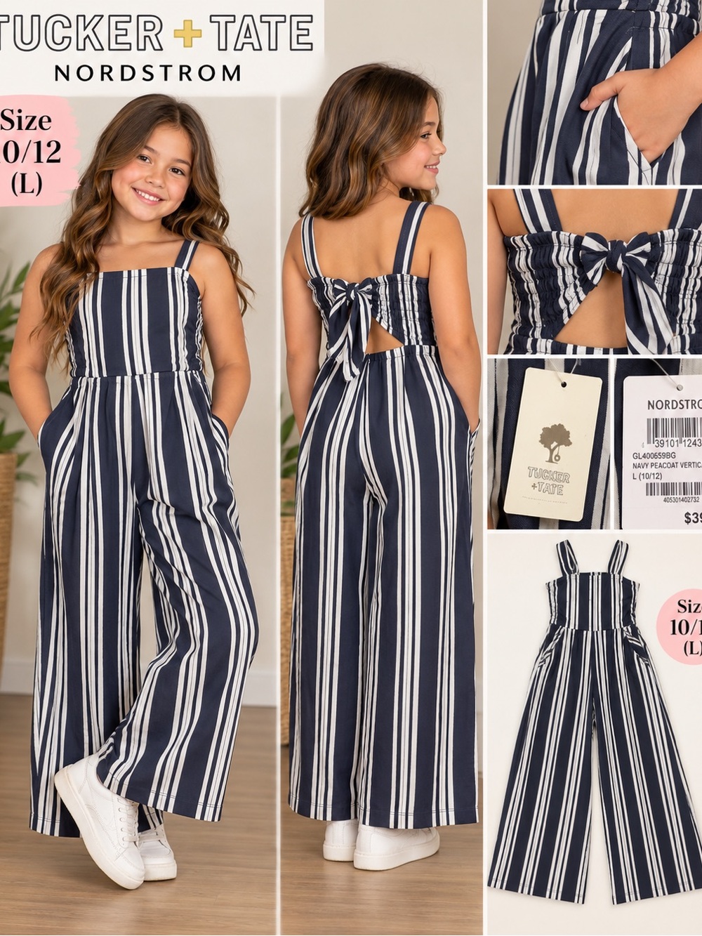 Tucker + Tate Navy and White Striped Wide-Leg Jumpsuit with Back Tie